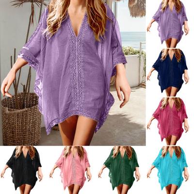 Rochie de Plajă cu Decolteu în V, Mâneci Scurte, Design cu Imbinări, Acoperire Costum de Baie Bikini, Culoare Solidă, Articole de Plajă, Accesorii de Vară