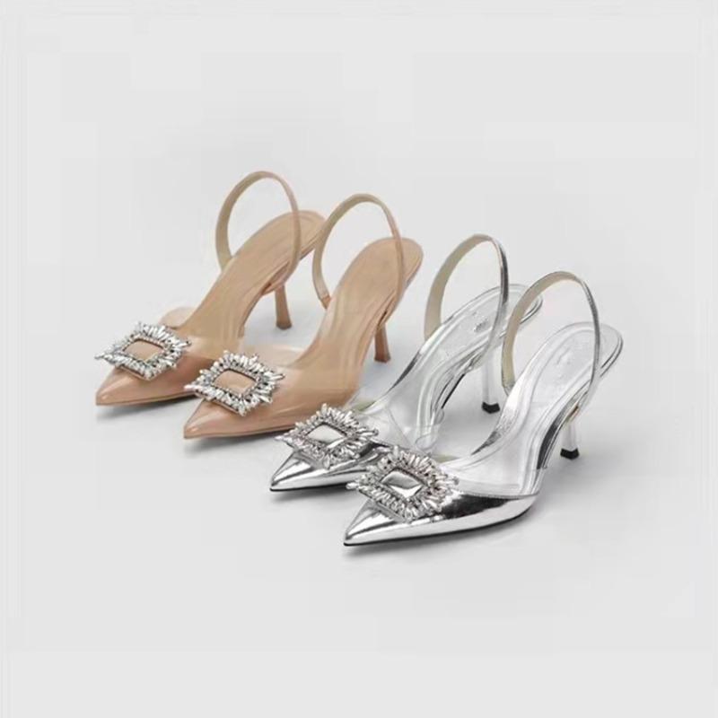 Fashion Brand Designer Silver High Heels Sandals Women 2025 Summer Crystal Square Buckle Sandals Woman Pointed Toe Slingbacks Party Shoe