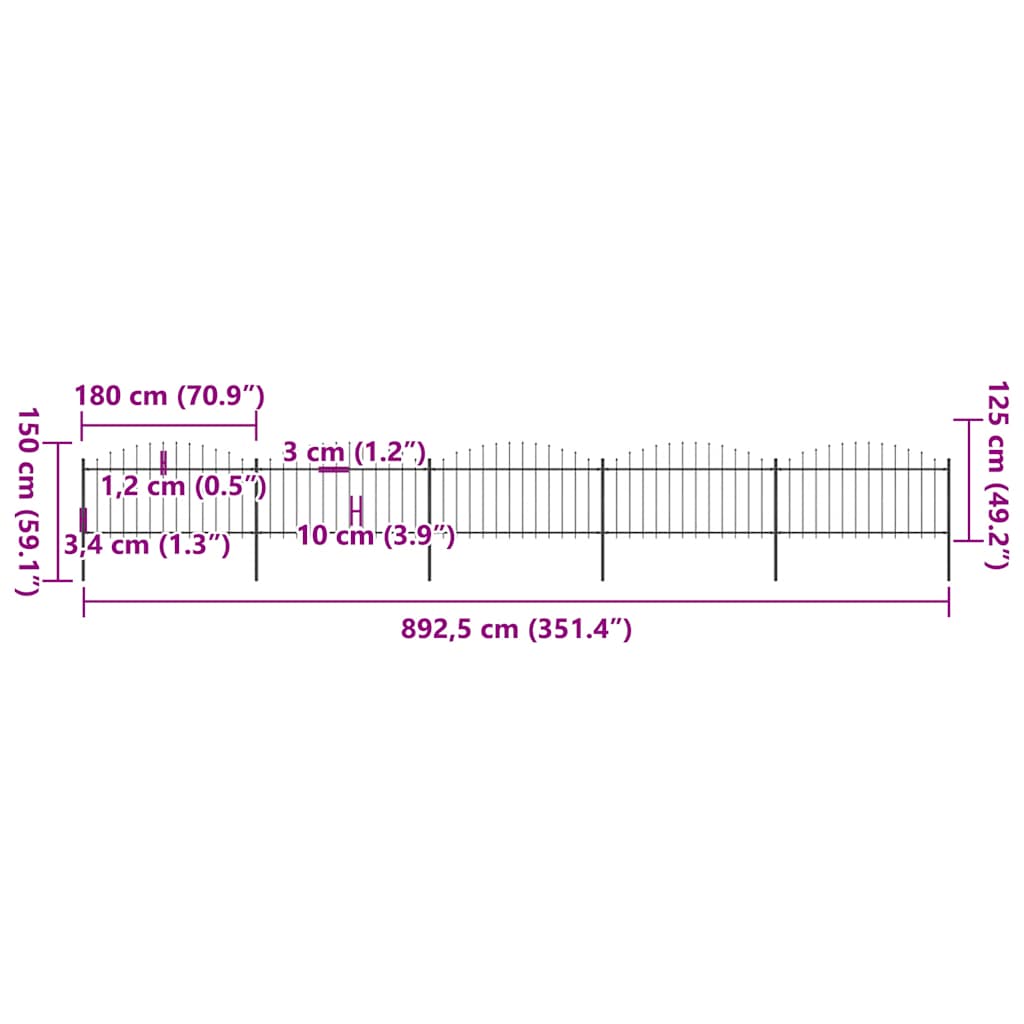 Spear Tip Garden Fence Steel 892.5 x 150 cm Black