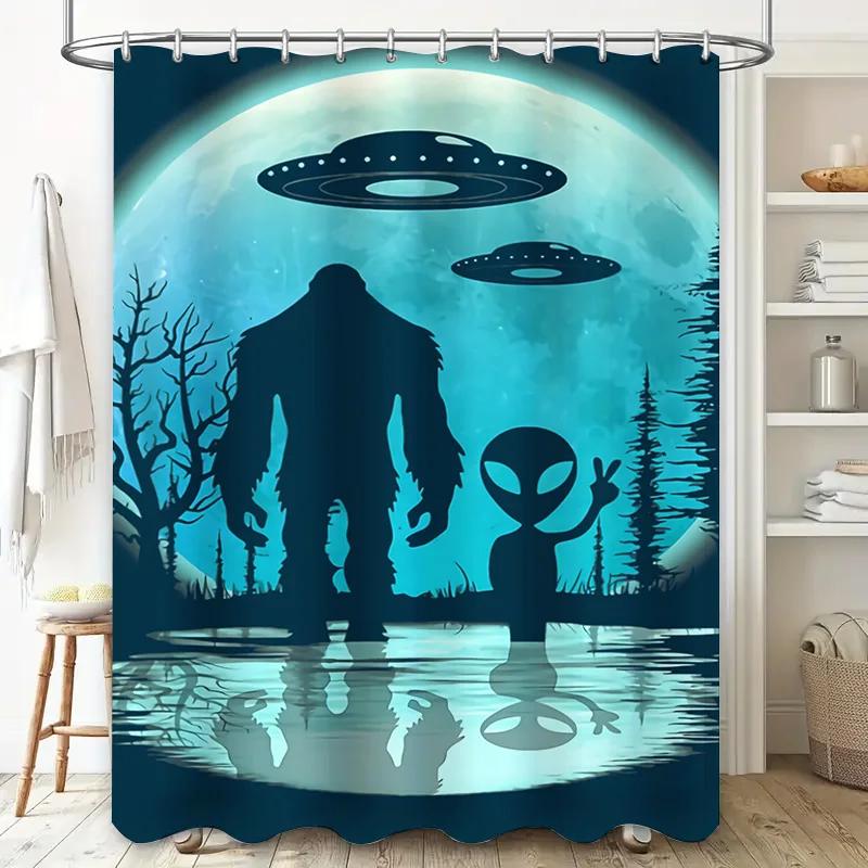 

Spooky Alien Shower Curtain Set: Moonlit Forest UFO Invasion Scene for Home Decor Bathroom Accessories Blue Black Design W90xH180cm