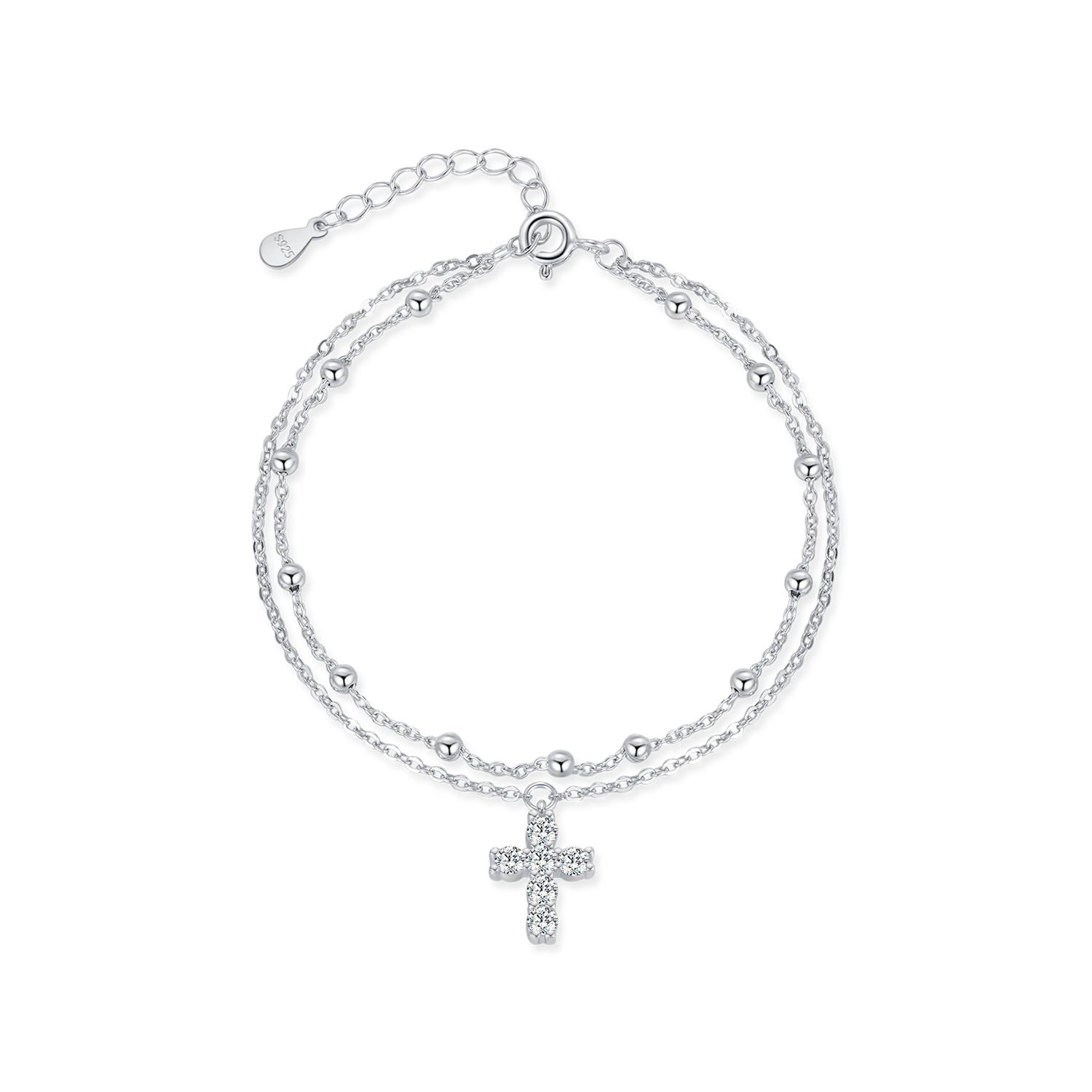 

Exquisite Cross CZ Bracelet 925 Sterling Silver Stackable Double Layer Link Chain Beads Bracelets For Women Fine Jewelry