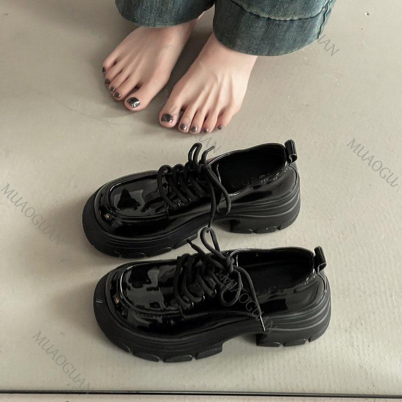 Fashion Fashion British Style Leather Loafers Black Female 2025 Autumn New Thick Bottom High Heel Shoes for Women Platform Lace Up Pumps