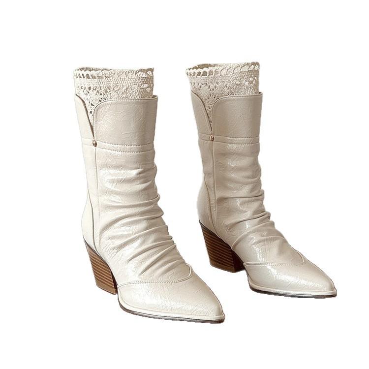 Vintage pointed Maillard thick-soled thick-heeled heightened medium boots temperament lace edge versatile pleated stacked knight boots