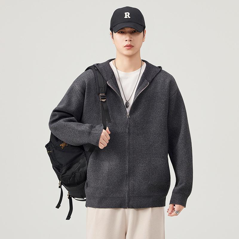 Modny Męski Kardigan Sweter z Kapturem na Zamek w Stylu Amerykańskim, Wszechstronny Dzianinowy z Obniżonymi Ramionami, Edycja 2025