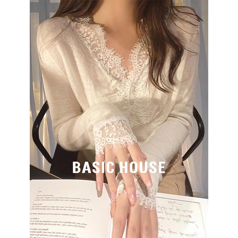 Basic House Women s French Lace V-Neck Knit Top L