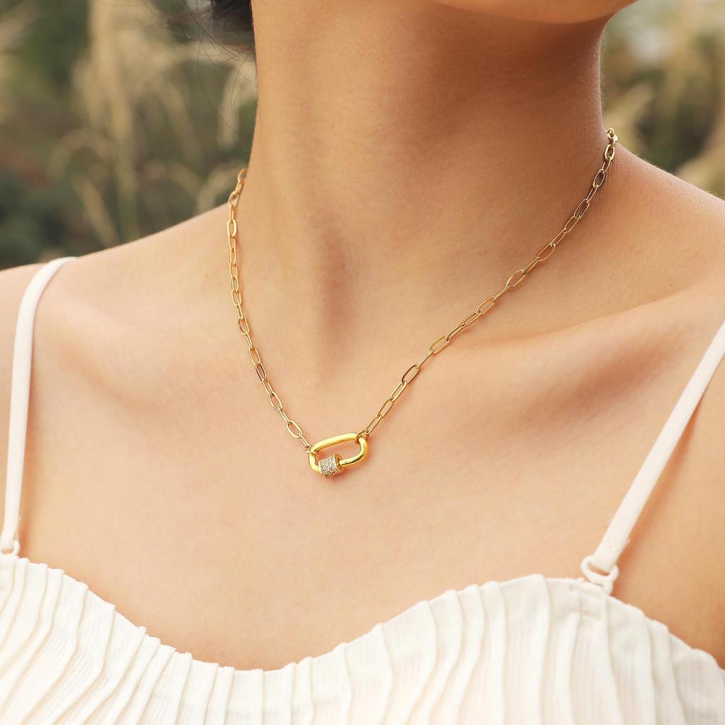 Gold Women's Zircon Geometric Necklace - Stainless Steel & Copper Square Chain Fashion Accessory