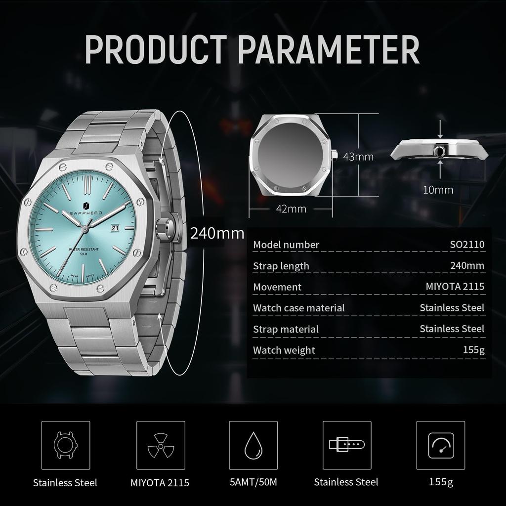 SAPPHERO Octagonal Stainless Steel Waterproof Luminous Wristwatch Luxury Analog Quartz Watch with Date Display Dress Business Watch Casual Luxury