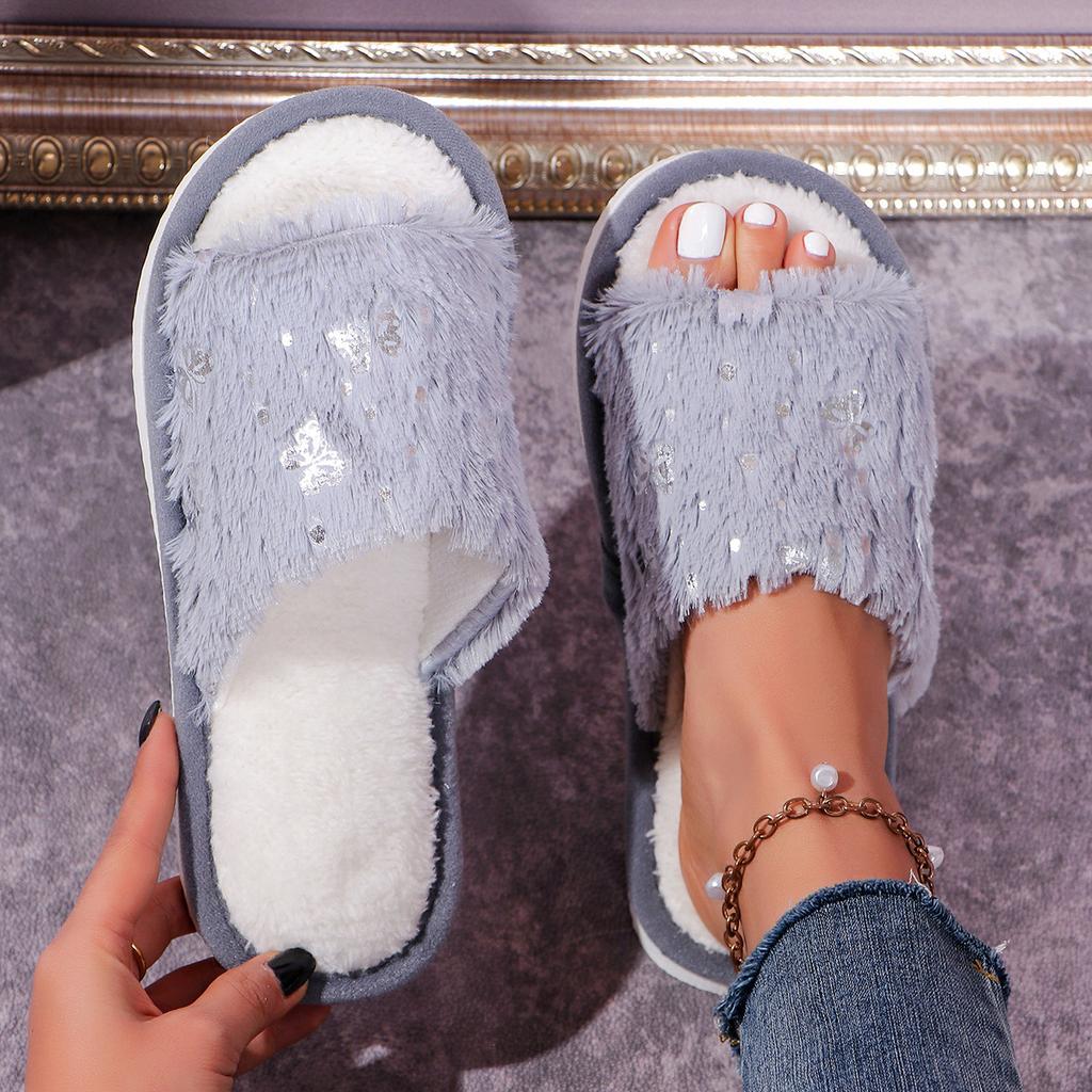 Casual Open Toe Plush Shoes, Plush Cotton Slippers Butterfly Decoration Comfortable Indoor Home Slippers