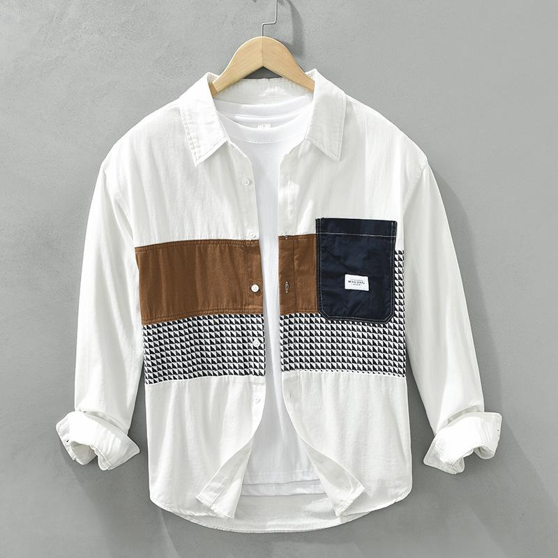 2024 Spring White Shirt Men Casual Long Sleeve Shirts 100% Cotton Plaid Patchwork Designer Loose Men's Fashion Shirt