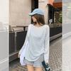 Unique blue and white striped contrasting color round neck long-sleeved sunscreen blouse women's summer open-ended backless pure desire T-shirt small 