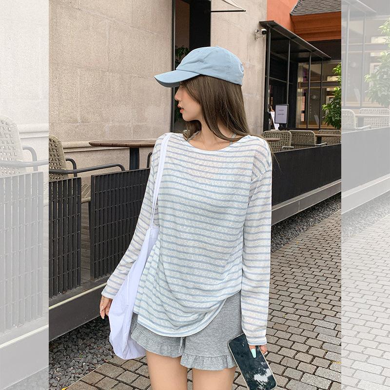 Unique blue and white striped contrasting color round neck long-sleeved sunscreen blouse women's summer open-ended backless pure desire T-shirt small 