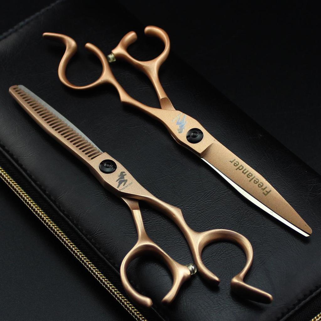 6.0-Inch Rose Gold Hairdressing Scissors Set: Notched Handle Straight Shears, Bangs Scissors, Thinning Shears for Barbers.