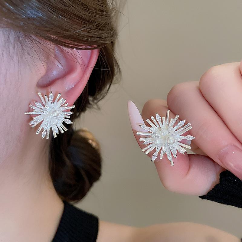 Cold wind super flash zircon snowflake fireworks stud earrings temperament versatile earrings earrings