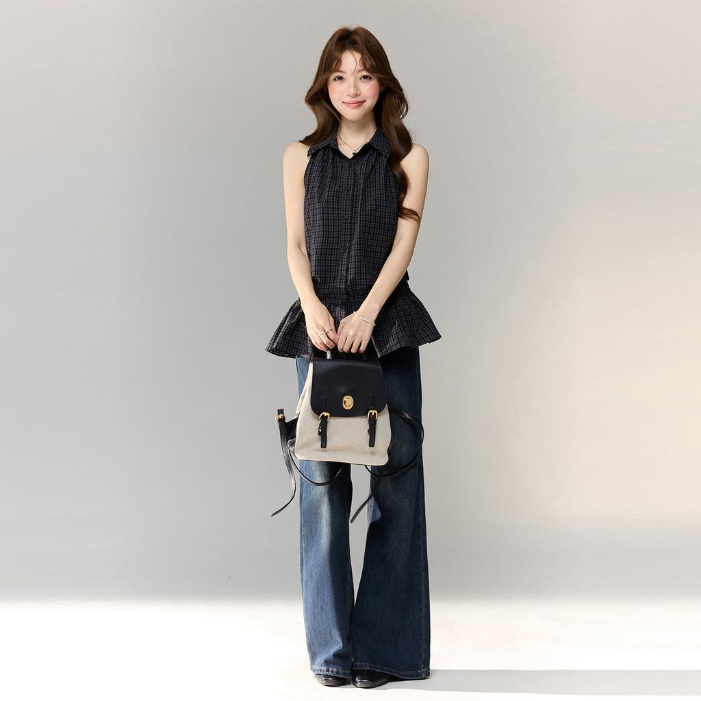 College Style Polo Collar Plaid Ruffle Hem Vest Women's Summer Sleeveless Stacked Wear Thin Temperament Top