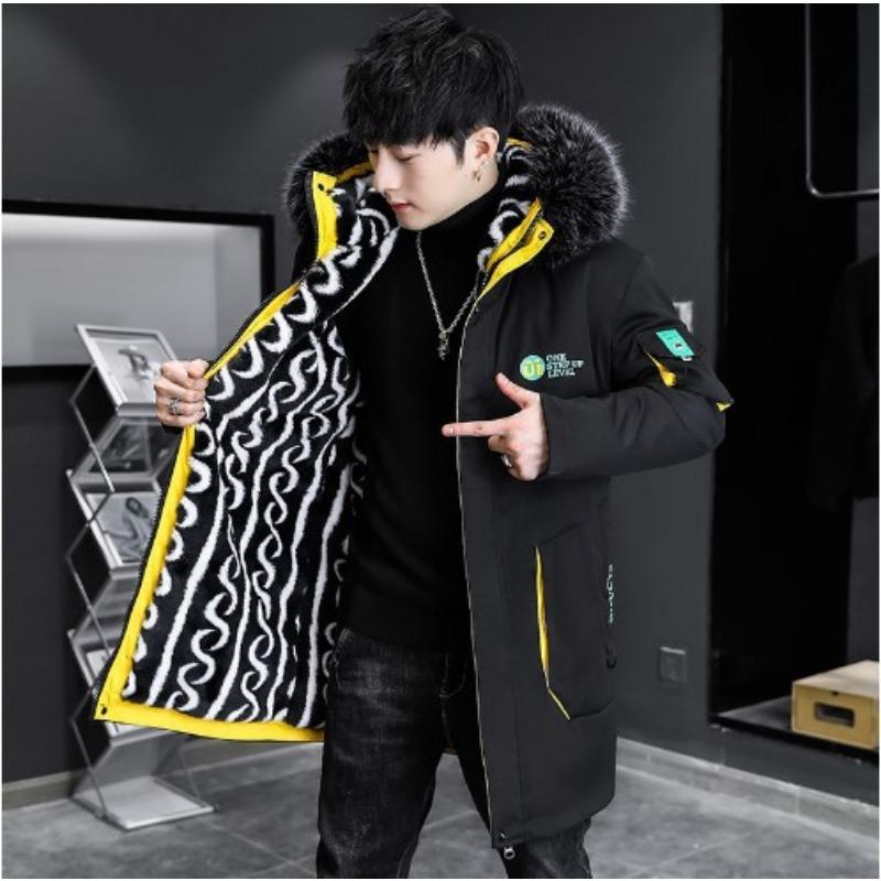 Men's Long-sleeved Hooded Mid-length Plus Cotton and Velvet Thick Cotton-padded Jacket Youth Men's Warm Parker Cotton-padded Jacket