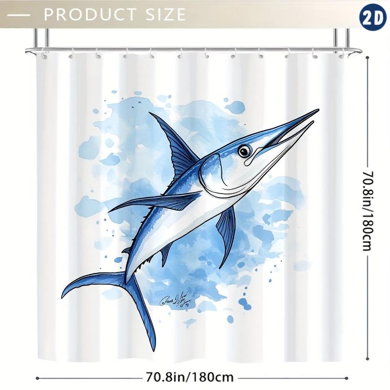 Blue Marlin Cartoon Shower Curtain , Durable Polyester, Machine Washable with Hooks