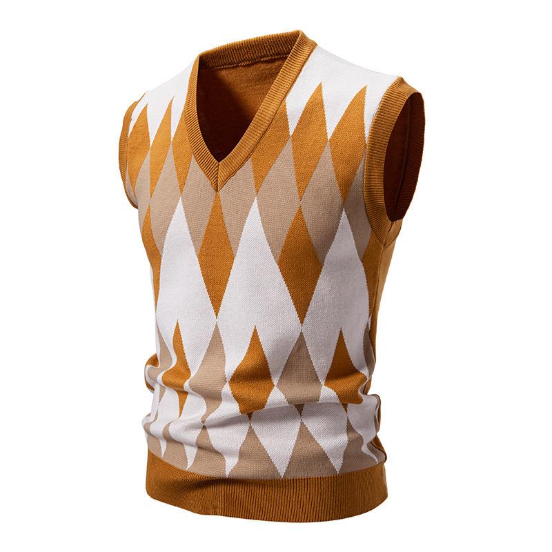 Pánská argyle pletená vesta s výstřihem do V, bez rukávů, ležérní, slim fit pulovr, pletený svetr, lehké vesty