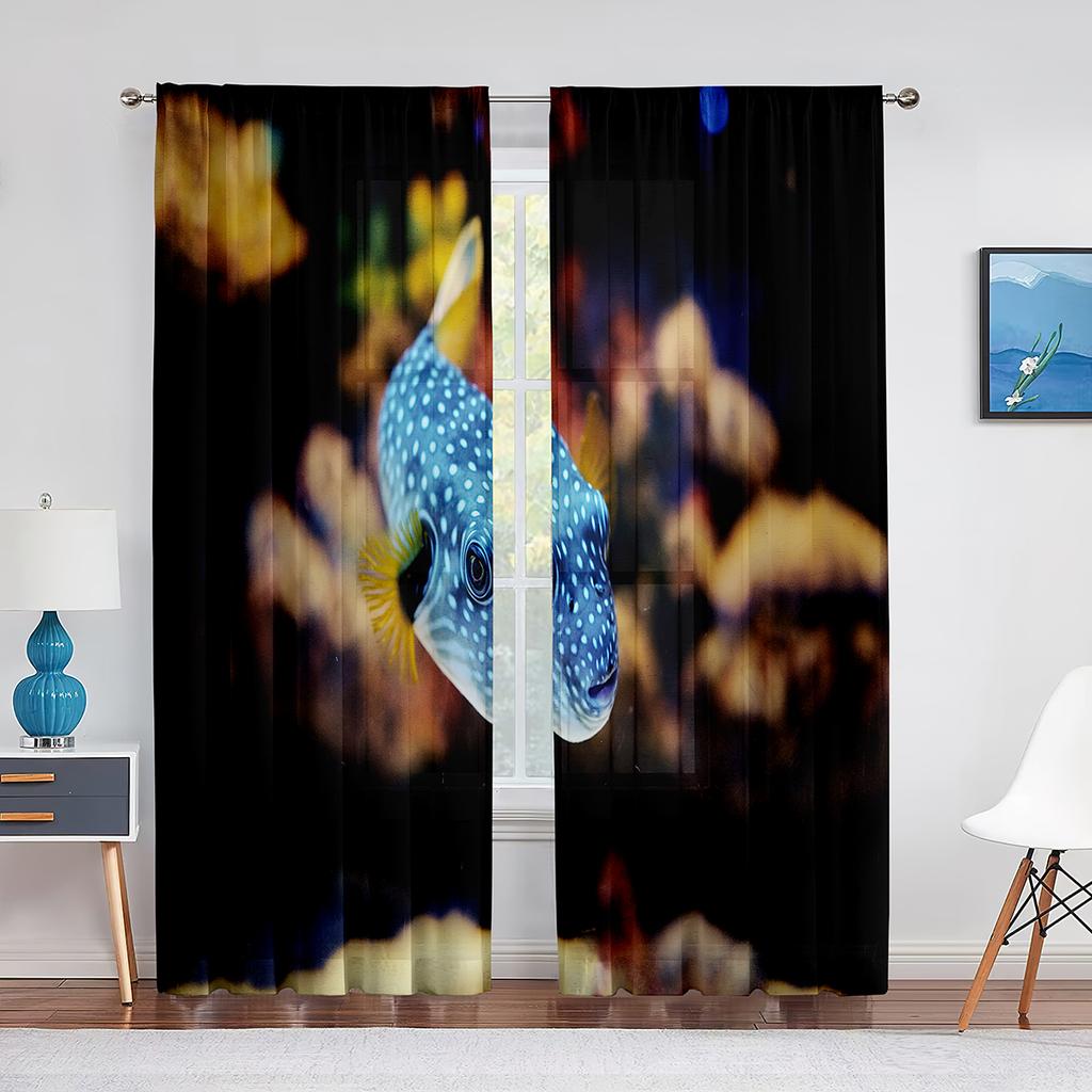 Ocean Underwater World Tulle Voile Curtains Tropical Fishes Shark Coral In The Deep Sea Sheer Curtain for Living Room Bedroom