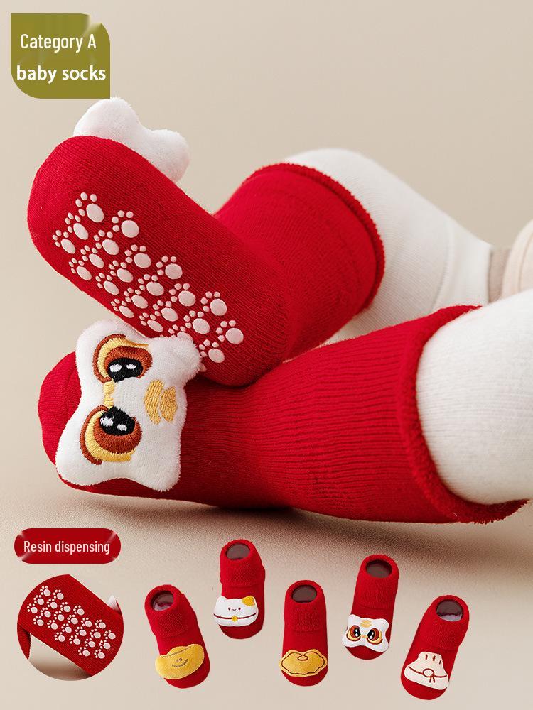 Newborn Toddler Red Terry Cloth Anti-slip Socks - Thick, Warm & Cozy for Autumn/Winter