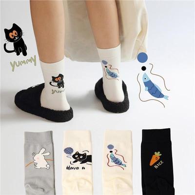 Korean Trendy Cartoon AB Women's Asymmetrical Mid Tube Socks - Fun, Creative Design