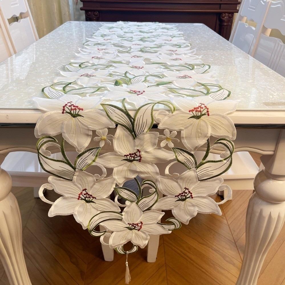 Hollow Design Embroidered Table Runner with Tassel Flower Table Mat Tablecloth Holiday Party