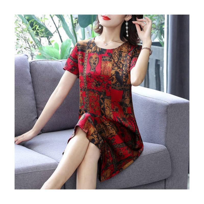 Vintage-Print Ice Silk Mid-Length Summer Dress for Middle-Aged Women