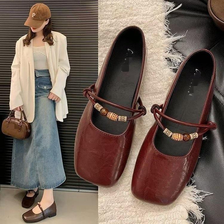 Flat-soled Mary Jane Shoes Women's 2026 New Single Shoes Spring French Shallow Mouth Retro Soft-soled Leather Shoes Ballet Shoes