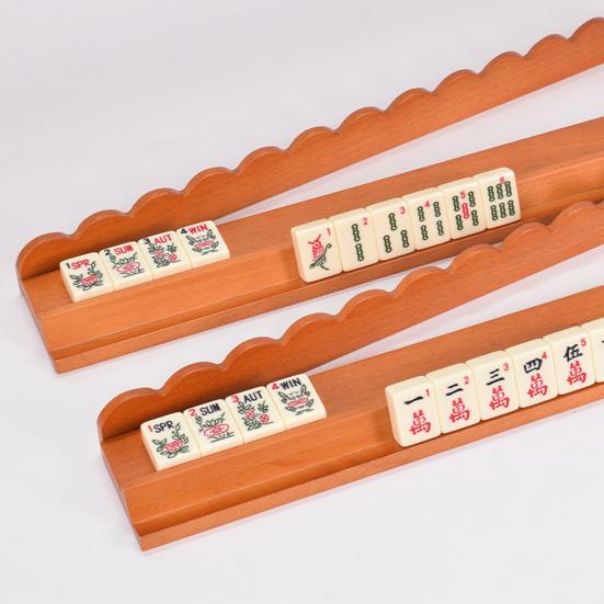 4Pcs Wooden Mahjong Rack with Detachable Magnetic Pusher Scalloped Edge American Mah Jongg Tile Holder Push Ruler Mahjong Accessories