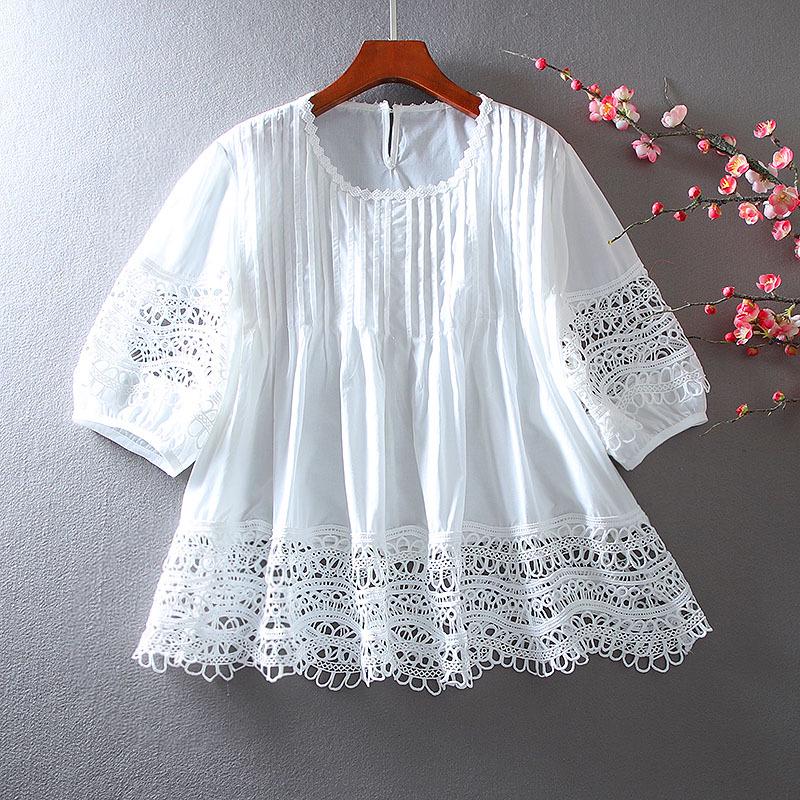 

Шикарный Зарубежный Стиль OL Ажурный Топ-Рубашка А-силуэта с Рюшами, Подчеркивающий Фигуру L (Recommended for 115-145 jin) белый