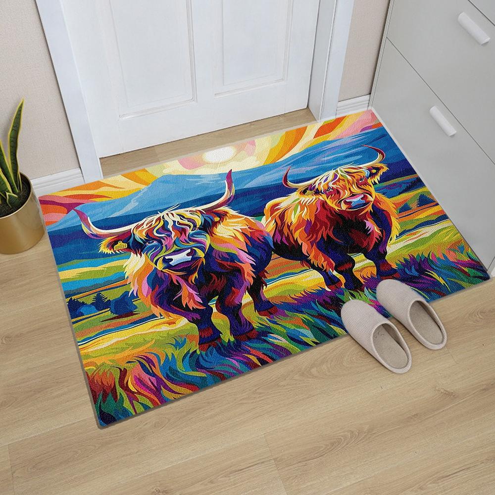 Alfombra de Cocina con Estampado de Vaca de las Tierras Altas para Sala de Estar, Comedor, Lavadero, Suelo de Baño, Balcón, Pasillo, Felpudo Antideslizante