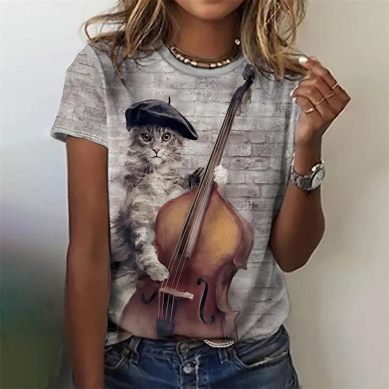 3D Printed Artistic Cat Pattern Women's T-Shirt Fun Animal Pet Design Summer Casual Short Sleeve Round Neck Top