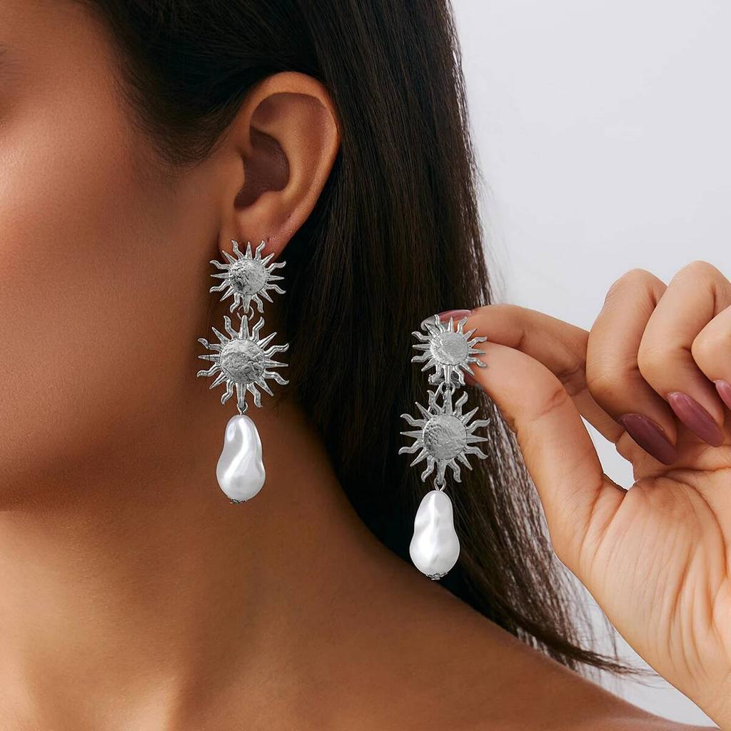 Salircon Vintage Gold Color Sunflower Pendant Earrings for Women  Luxury Imitation Pearl Earring Fashion Party Jewelry Gift