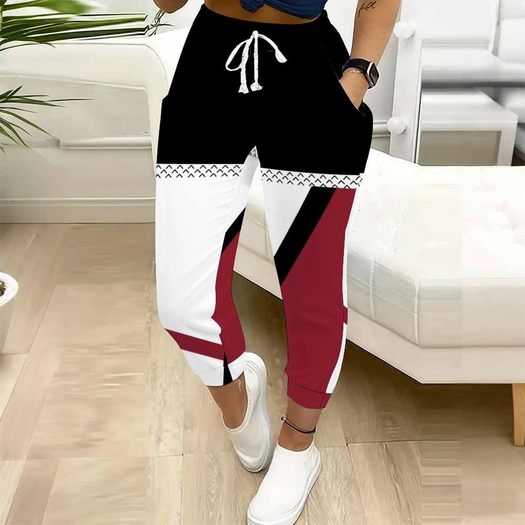 Summer Ladies Striper Printed Sweatpants Loose Fit Drawstring Joggers Elastic Cuff Daily Casual Pants