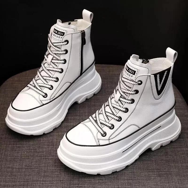 Fashion High quality 7CM White Platform Wedge Sneakers Chunky Shoes Genuine Leather Combat Boots Women Ankle Boots Spring Autumn Booties