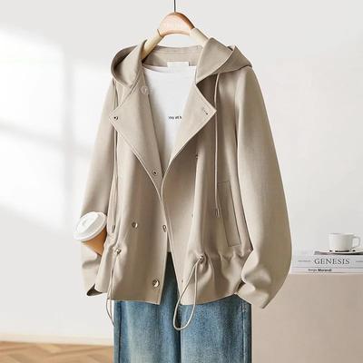 Damen Frühlings-/Herbst-Kurzmantel im lockeren Schnitt: Einfache Kapuzenjacke mit langen Ärmeln im Commuter-Stil
