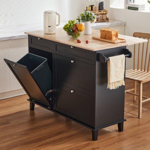 VEVOR Kitchen Island Cart, 50" Wood Top Breakfast Bar with Trash Cabinet Tilt Out 10 Gallon Storage