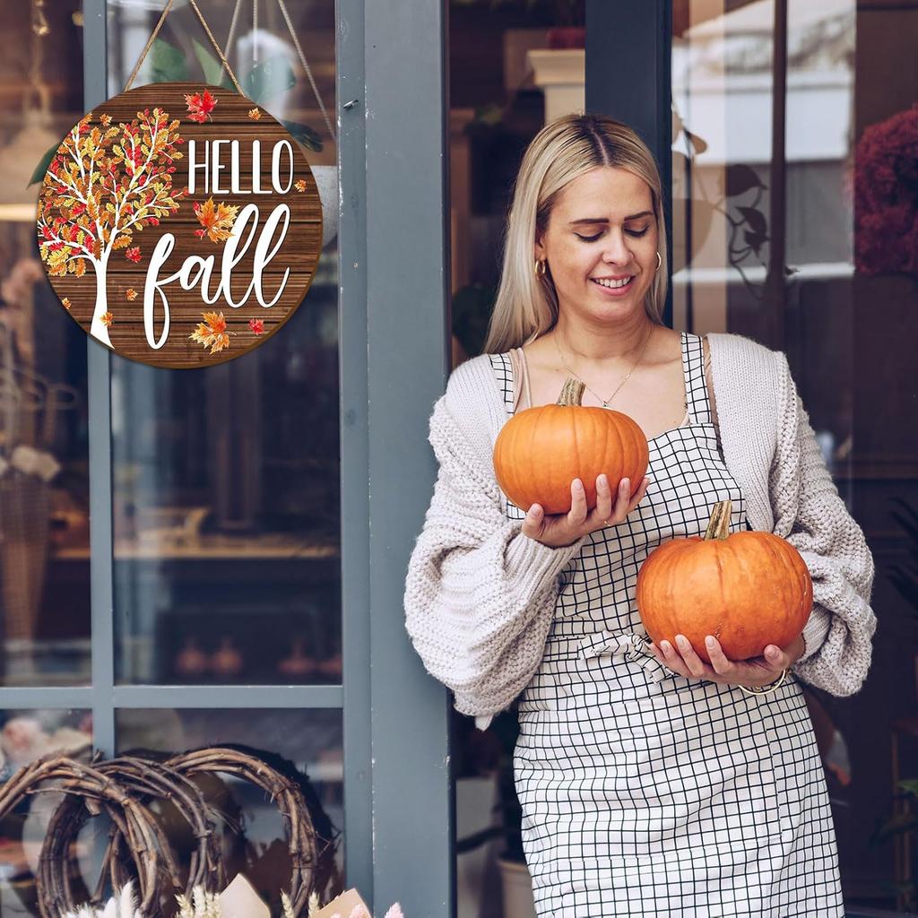Whaline Hello Fall Wooden Hanging Sign Maple Tree Front Door Sign Autumn Thanksgiving Welcome Sign for Harvest Indoor Outdoor Home Porch Wall Decor