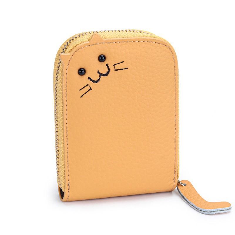 

First Layer Cowhide Women s Cute Small Card Bag Fashionable Embroidered Cat Change Purse Holder Large Capacity Multiple Slots 11x8x2cm жовтий