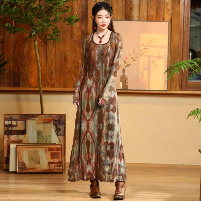 Johnature Femeie Primavara Casual Imprimeu Abstract Maneci Lungi Rochie Guler Patrat Rochie A-Line Stil Vintage