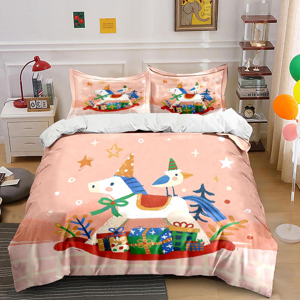 Christmas Horse and Gifts Scene Bedding Duvet Cover Set Duvet Cover Pillowcases (1*Duvet Cover 2*Pillowcases, Without Duvet Insert)