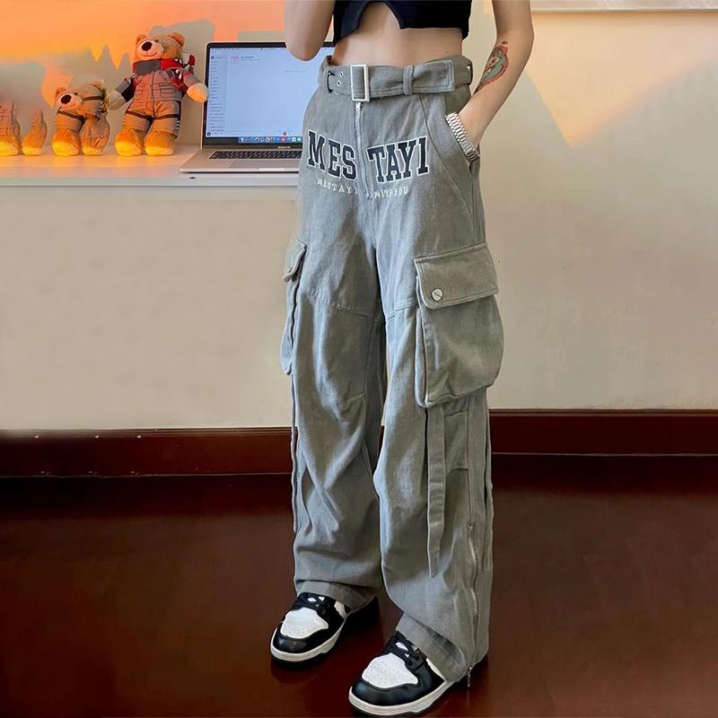 

Женские брюки-карго Y2K Gorpcore на молнии с высокой талией, прямые повседневные свободные широкие брюки, весенние брюки в стиле хип-хоп, уличная мода