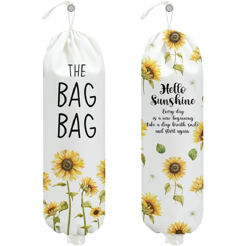 2Pcs Bee Plastic Bag Holder, Wall Mount Grocery Bag Holder for Plastic Bags, Sunflower Reusable Grocery Bags Storage Dispenser for Home Kitchen