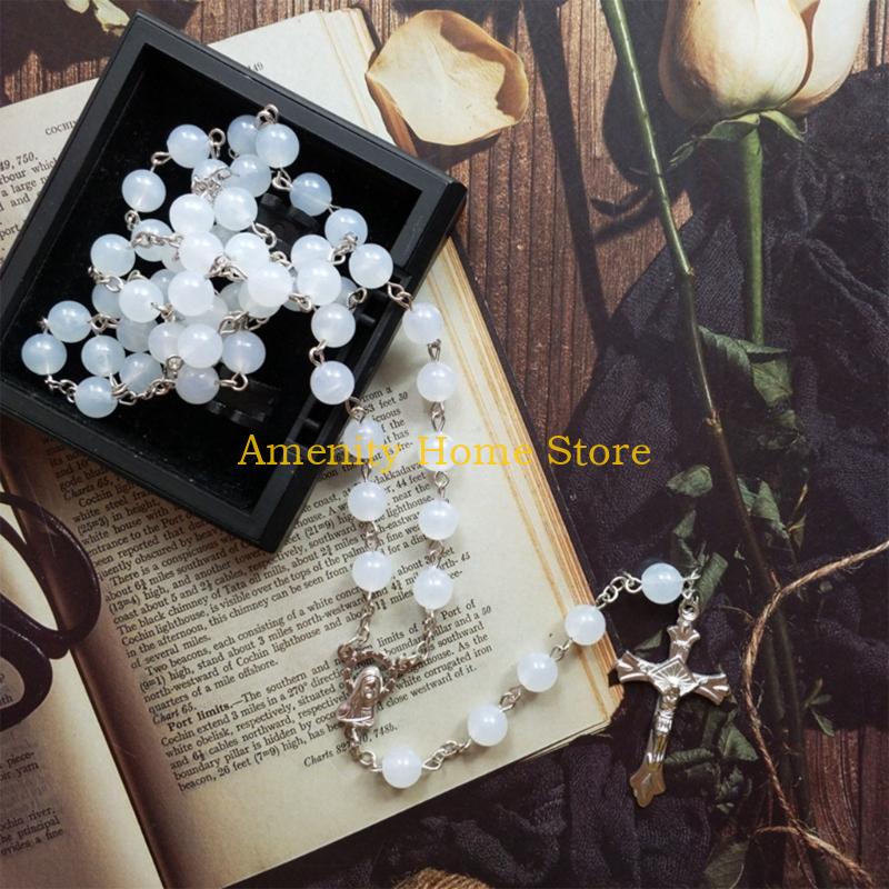 F26C Acrylic White Luminous for Cross Rosary Necklace Hanging Pendant for Women Men Praying Meditation Gift Supplies