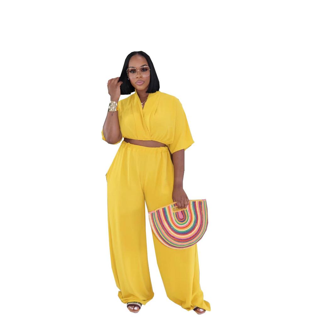 TW716 Trendiges Europäisches & Amerikanisches Plus-Size Lässiges Urlaubs-Revers-Oberteil & High-Waist Weitbeinige Hosen Set