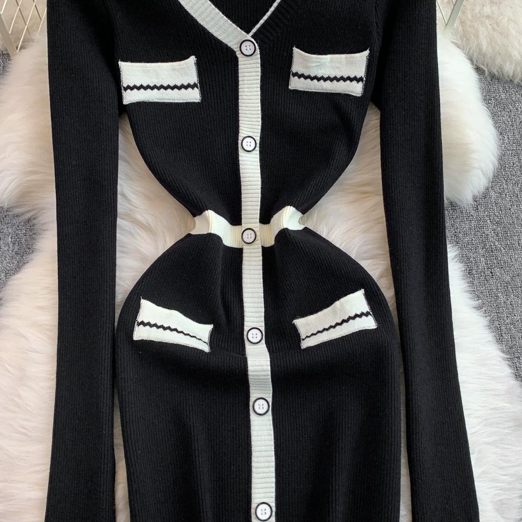 Spring Autumn Women V-neck Full Sleeve Knitted Sweater Mini Short Sheath Pullover Dresses