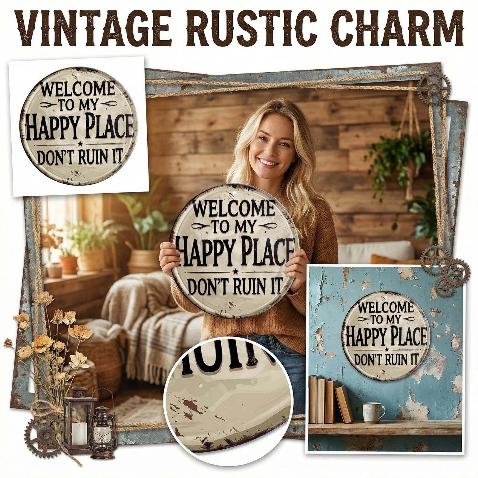 

Приветственный знак для входной двери, круглый металлический, «Добро пожаловать в мое счастливое место», табличка для дома, спальни, кухни, столовой или декора бара One Size