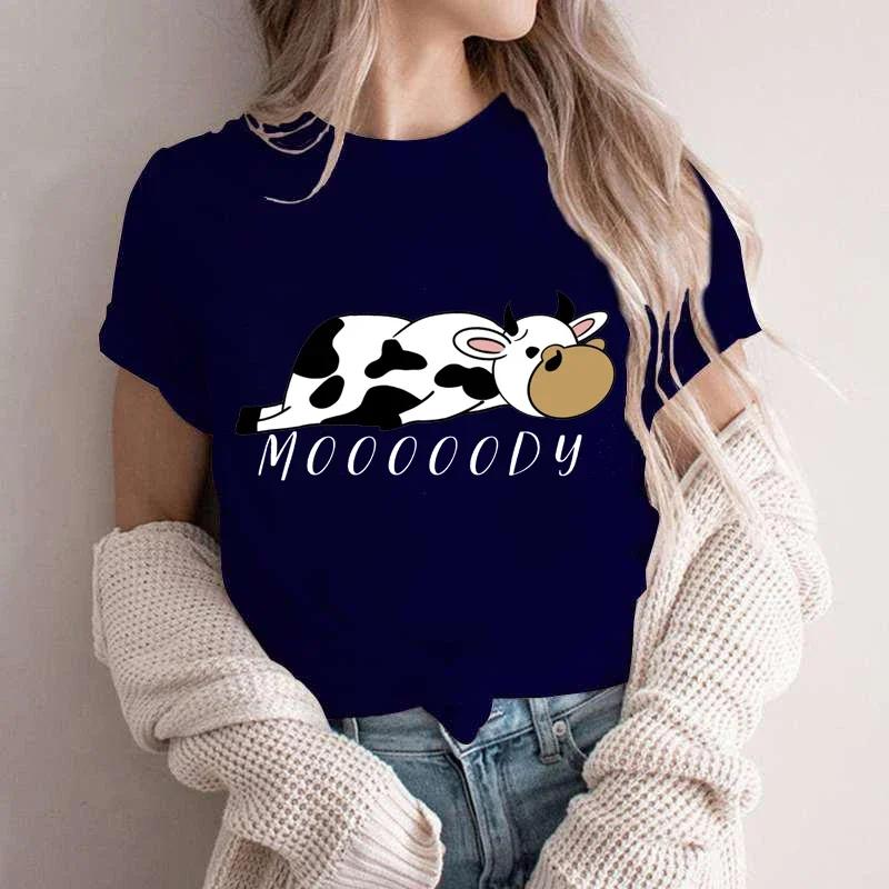 

Moooody Женская одежда с принтом коровы, футболка с коротким рукавом, эстетичная одежда, уличная одежда, модные футболки Lazy Cow для женщин S