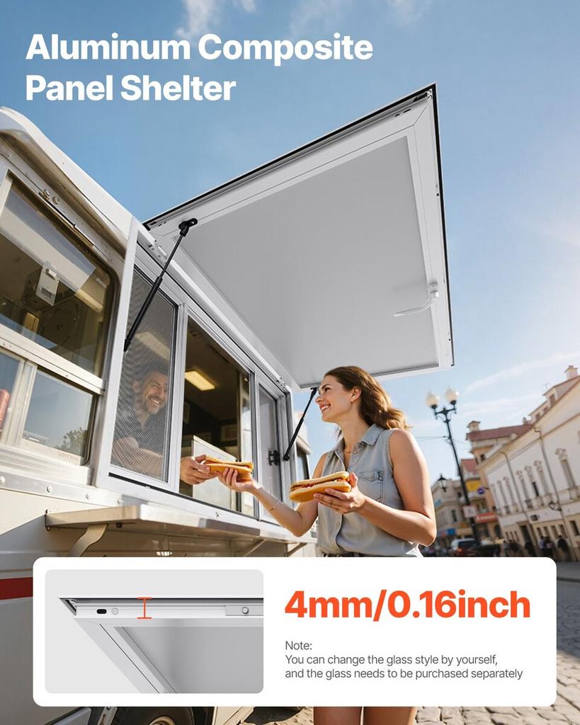 Verkaufsfenster 135x84 cm, Servicefenster aus Aluminiumlegierung für Food Truck, bis zu 85 Grad aufstellbares Bedienfenster mit 4 Schiebefenstern, Markisentür,