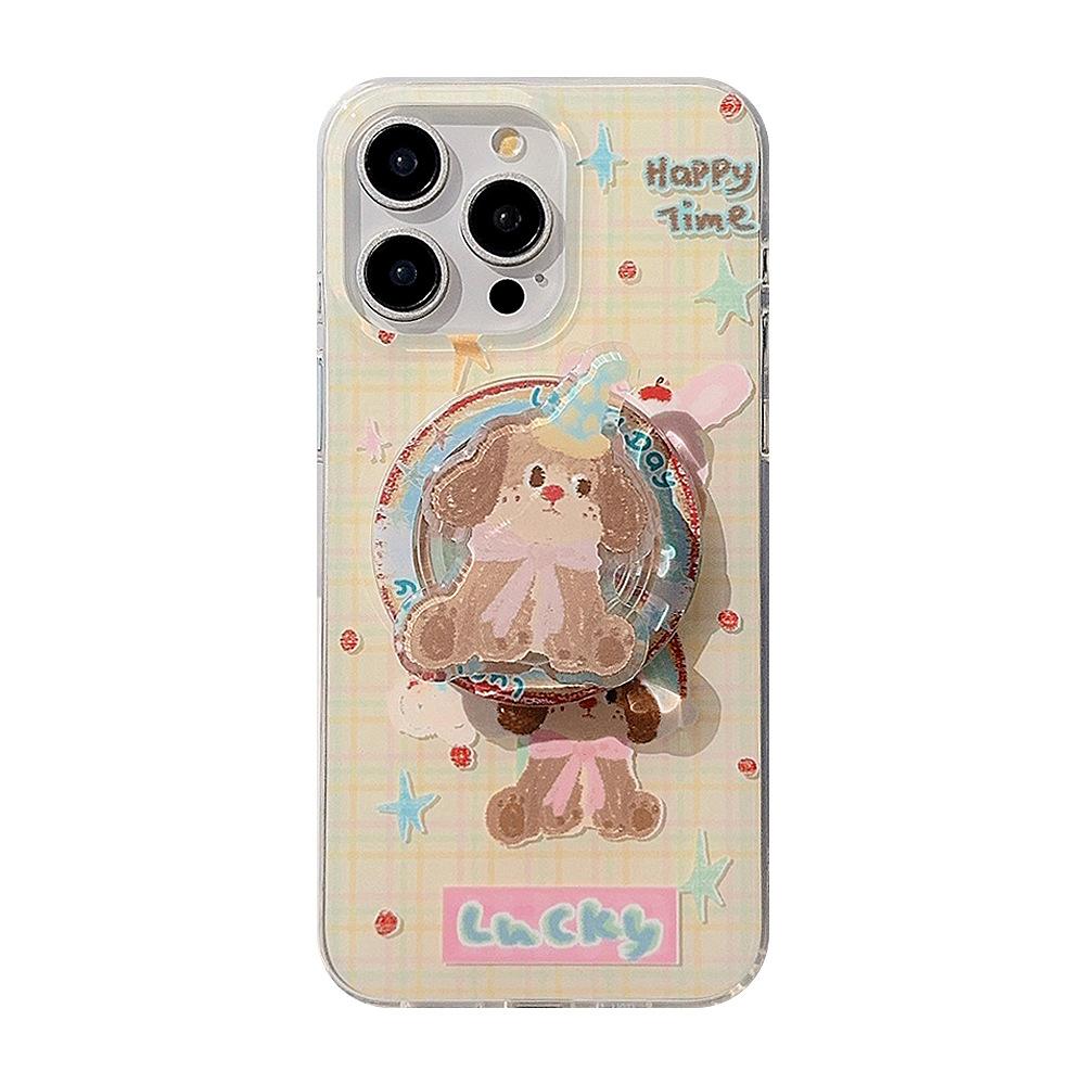 Double Layered Iphone16promax Mobile Phone Case Color Striped Dog 15 Apple 13 Suitable for 14 Magnetic Bracket