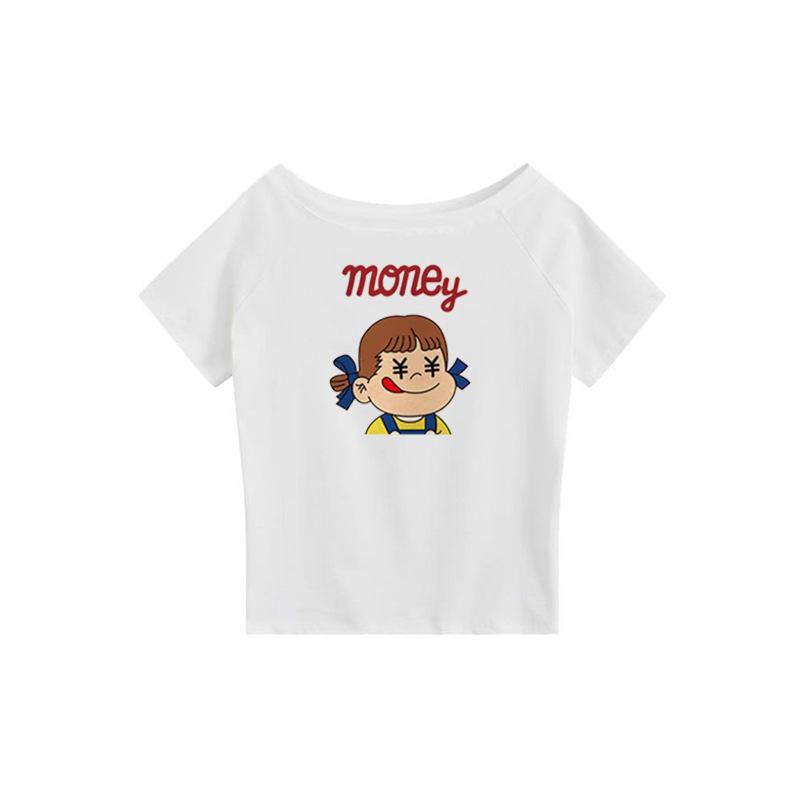 Slant shoulder off-shoulder short-sleeved women s top summer new cartoon print casual loose versatile one-word collar top women S белый